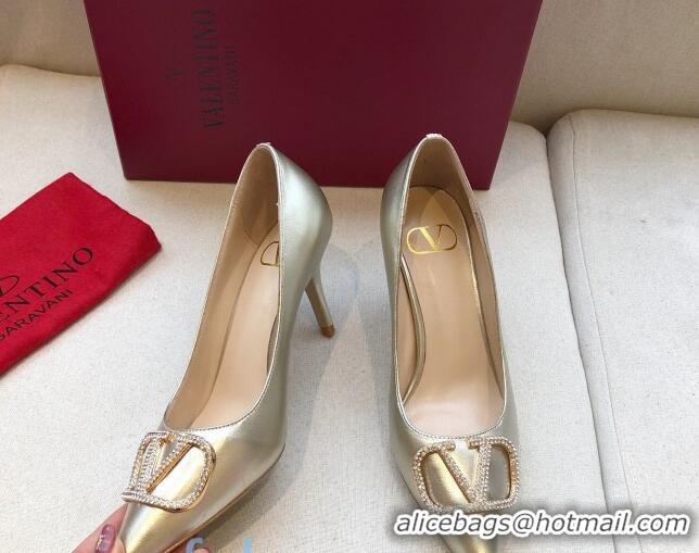 Good Product Valentino Crystal VLogo Metallic Leather Pumps 70mm Gold 092422