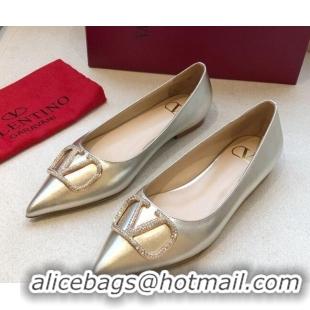 Grade Design Valentino Crystal VLogo Metallic Leather Flat Ballerinas Gold 092424