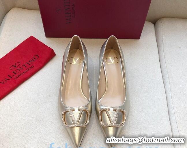 Grade Design Valentino Crystal VLogo Metallic Leather Flat Ballerinas Gold 092424