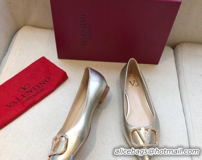 Grade Design Valentino Crystal VLogo Metallic Leather Flat Ballerinas Gold 092424