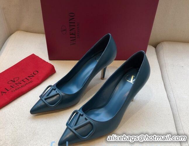 Classic Practical Valentino VLogo Calfskin Pumps 40mm Peacock Blue 092425