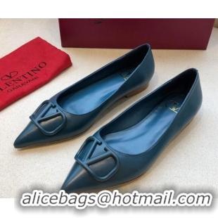 Fashion Luxury Valentino VLogo Calfskin Flat Ballerinas Peacock Blue 092427