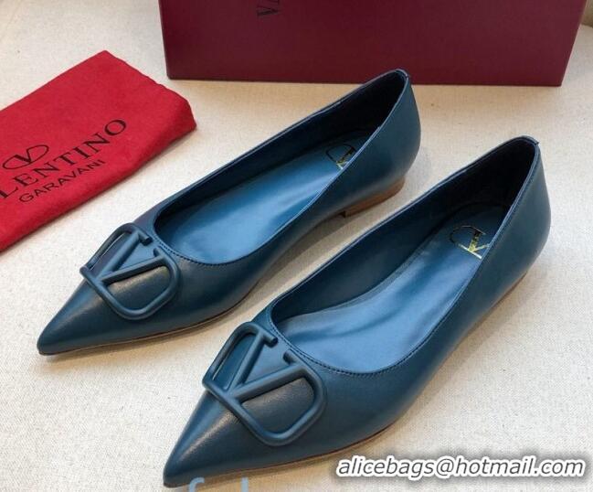 Fashion Luxury Valentino VLogo Calfskin Flat Ballerinas Peacock Blue 092427