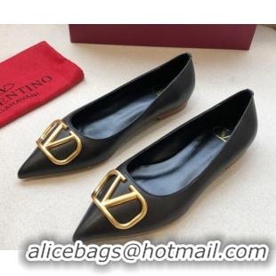 Classic Hot Valentino VLogo Calfskin Flat Ballerinas Black/Gold 092430