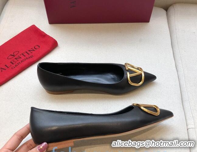 Classic Hot Valentino VLogo Calfskin Flat Ballerinas Black/Gold 092430