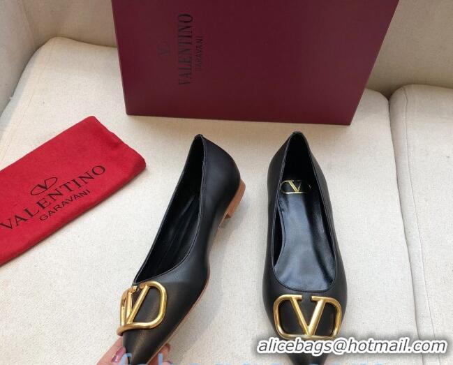 Classic Hot Valentino VLogo Calfskin Flat Ballerinas Black/Gold 092430