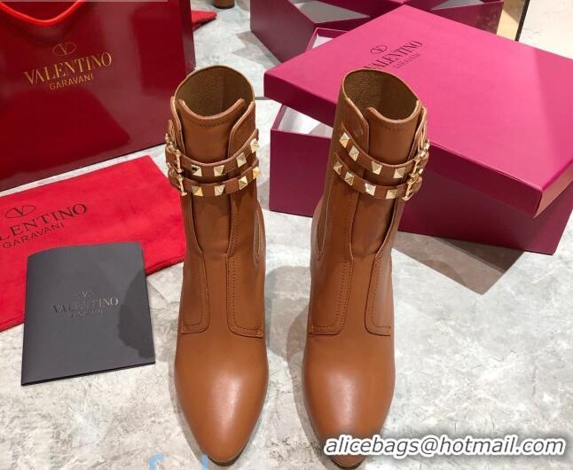 Top Grade Valentino Rockstud Calfskin Short Boots with Double Buckle 85mm Brown 092431