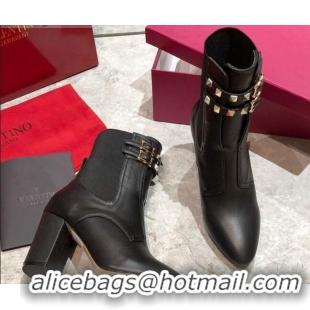 Pretty Style Valentino Rockstud Calfskin Short Boots with Double Buckle 85mm Black 092432