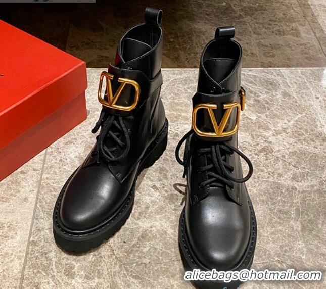 Best Price Valentino Calfskin VLogo Buckle Short Boots Black/Gold 100971