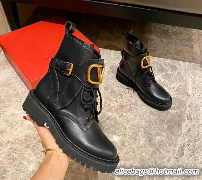 Best Price Valentino Calfskin VLogo Buckle Short Boots Black/Gold 100971