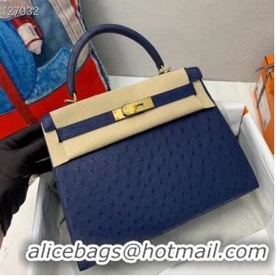 Top Grade Hermes Kelly Bag Original Leather Ostrich Skin H5600 Dark Blue