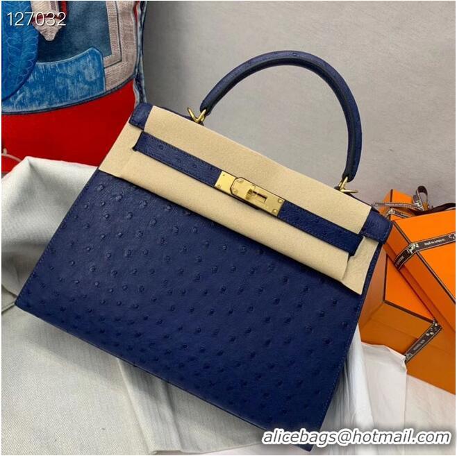 Top Grade Hermes Kelly Bag Original Leather Ostrich Skin H5600 Dark Blue