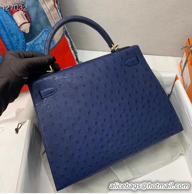 Top Grade Hermes Kelly Bag Original Leather Ostrich Skin H5600 Dark Blue