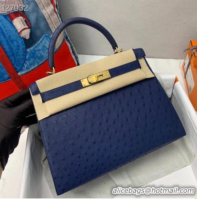 Top Grade Hermes Kelly Bag Original Leather Ostrich Skin H5600 Dark Blue