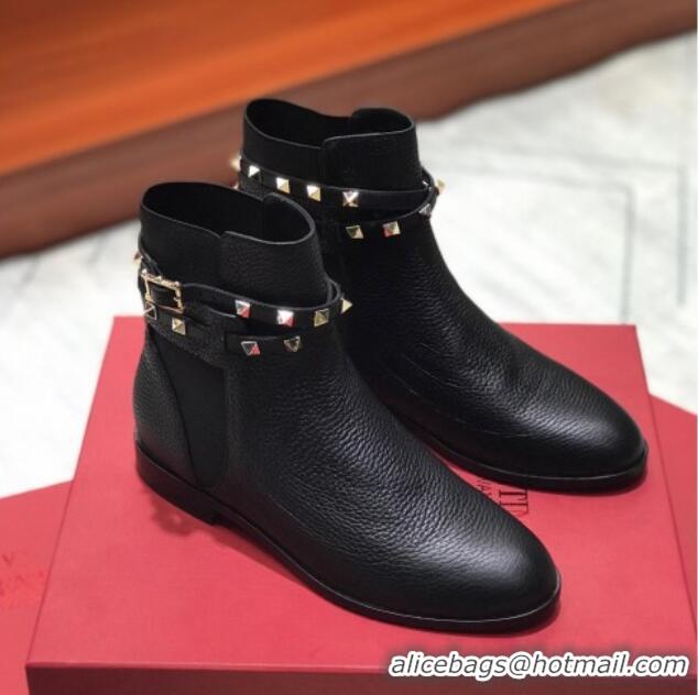 Good Looking Valentino Rockstud Belt Grained Calfskin Flat Short Boots Black 102007