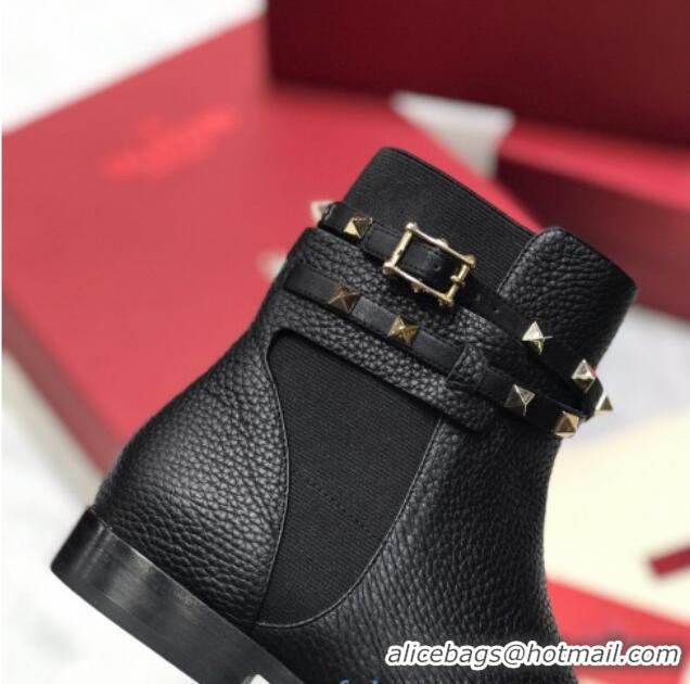 Good Looking Valentino Rockstud Belt Grained Calfskin Flat Short Boots Black 102007