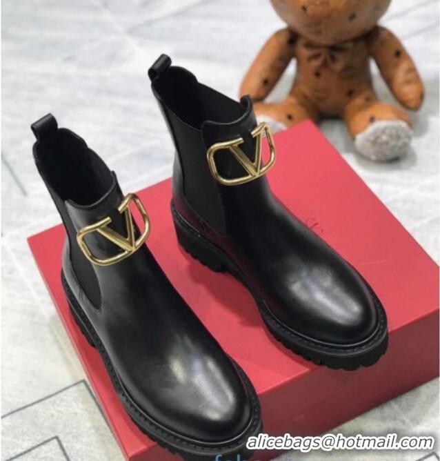 Good Quality Valentino VLogo Calfskin Short Boots 35mm Black/Gold 102010