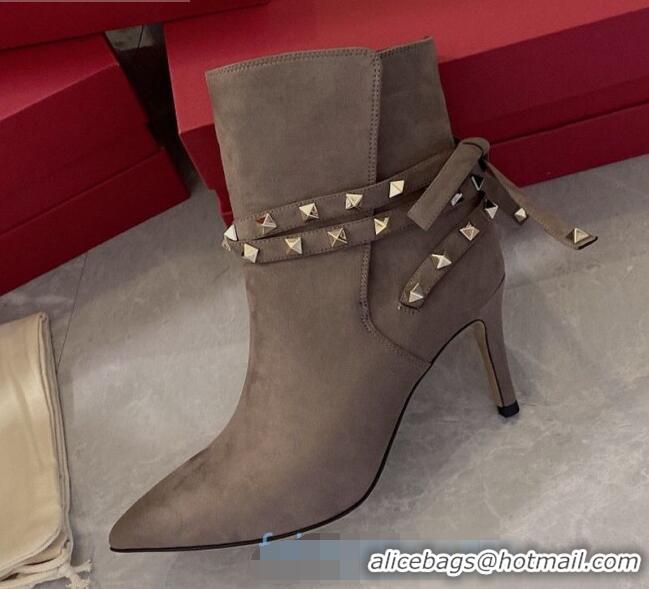 Most Popular Valentino Rockstud Suede Heel Short Boots with Ties 80mm Grey 102109