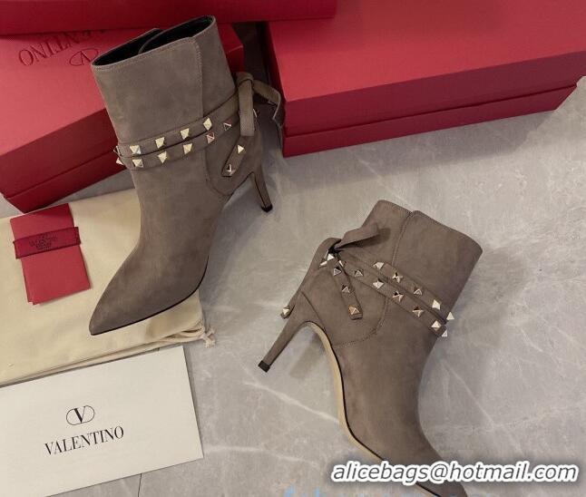 Most Popular Valentino Rockstud Suede Heel Short Boots with Ties 80mm Grey 102109