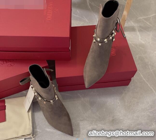 Most Popular Valentino Rockstud Suede Heel Short Boots with Ties 80mm Grey 102109