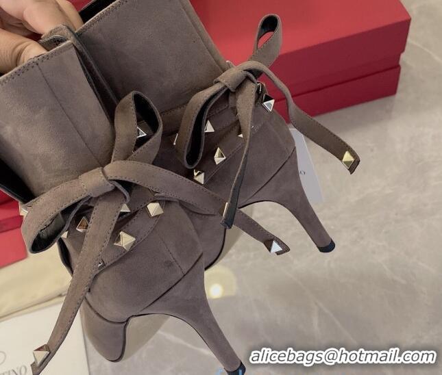 Most Popular Valentino Rockstud Suede Heel Short Boots with Ties 80mm Grey 102109