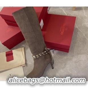 Grade Quality Valentino Rockstud Flair Suede Heel High Boots with Ties 80mm 102111 Grey