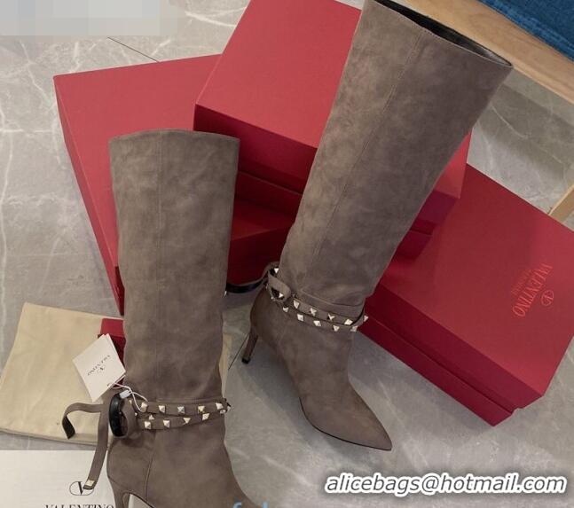 Grade Quality Valentino Rockstud Flair Suede Heel High Boots with Ties 80mm 102111 Grey