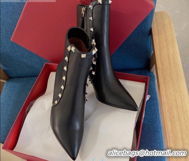 Luxury Valentino Rockstud Smooth Calfskin Heel Short Boots 80mm Black 102114