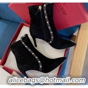 Good Quality Valentino Rockstud Suede Heel Short Boots 80mm Black 102115