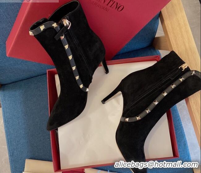 Good Quality Valentino Rockstud Suede Heel Short Boots 80mm Black 102115