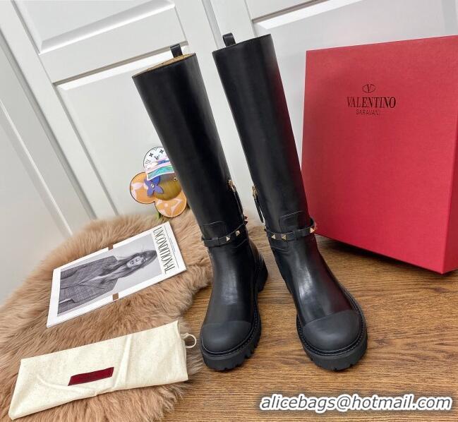 Best Quality Valentino Rockstud Calfskin Strap High Boots Black 102341