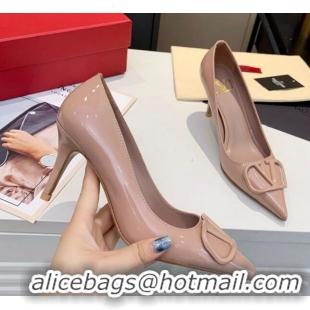 Luxury Hot Valentino VLogo One-Tone Patent Leather Pumps 80mm Nude 111010