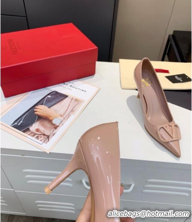 Luxury Hot Valentino VLogo One-Tone Patent Leather Pumps 80mm Nude 111010