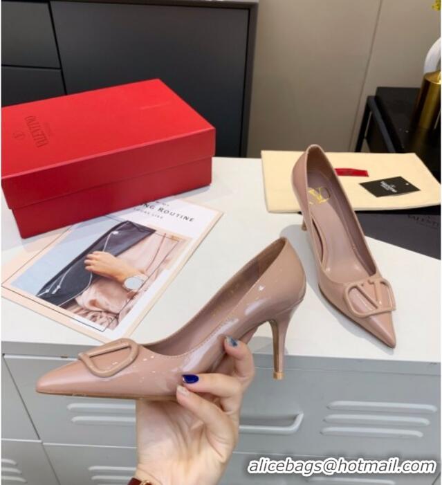 Luxury Hot Valentino VLogo One-Tone Patent Leather Pumps 80mm Nude 111010