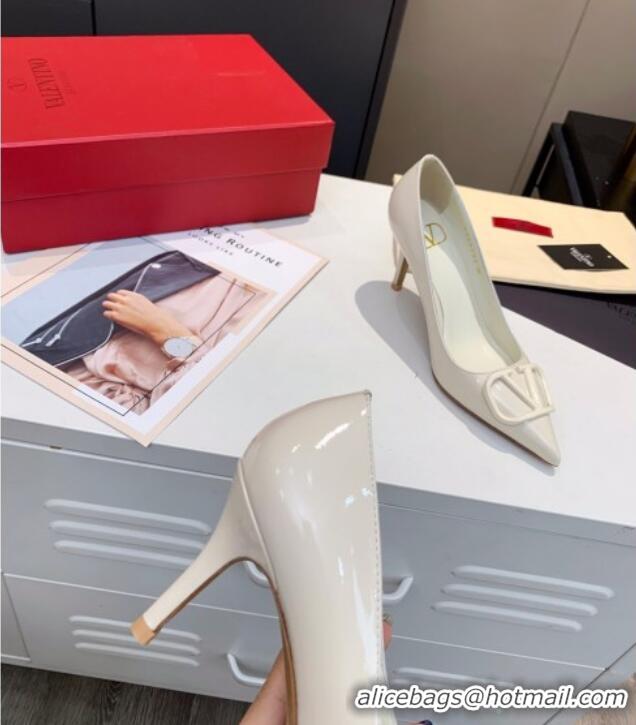 Luxury Valentino VLogo One-Tone Patent Leather Pumps 80mm 111010 White