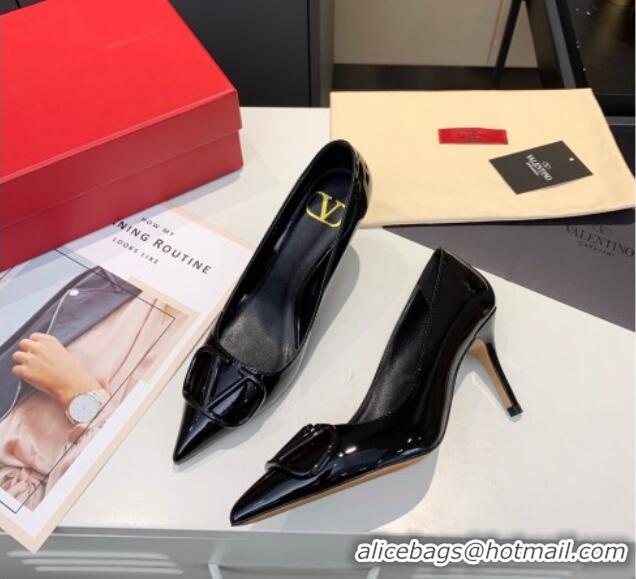 Best Design Valentino VLogo One-Tone Patent Leather Pumps 40mm 111014 Black