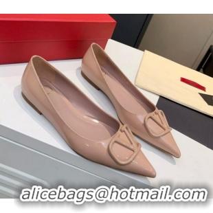 Top Quality Valentino VLogo One-Tone Patent Leather Flat Ballerinas 111018 Nude