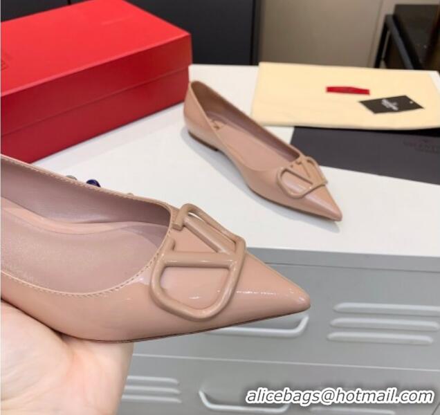 Top Quality Valentino VLogo One-Tone Patent Leather Flat Ballerinas 111018 Nude