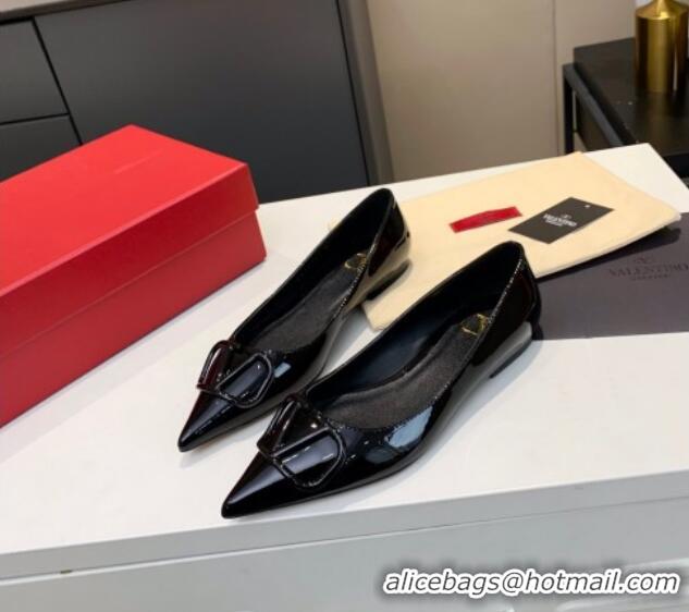 Top Quality Valentino VLogo One-Tone Patent Leather Flat Ballerinas 111018 Black