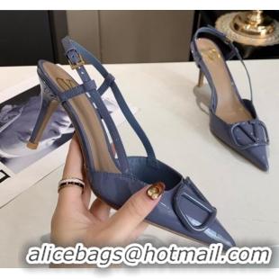 Popular Valentino VLogo One-Tone Patent Leather Slingback Sandals 80mm 111022 Blue