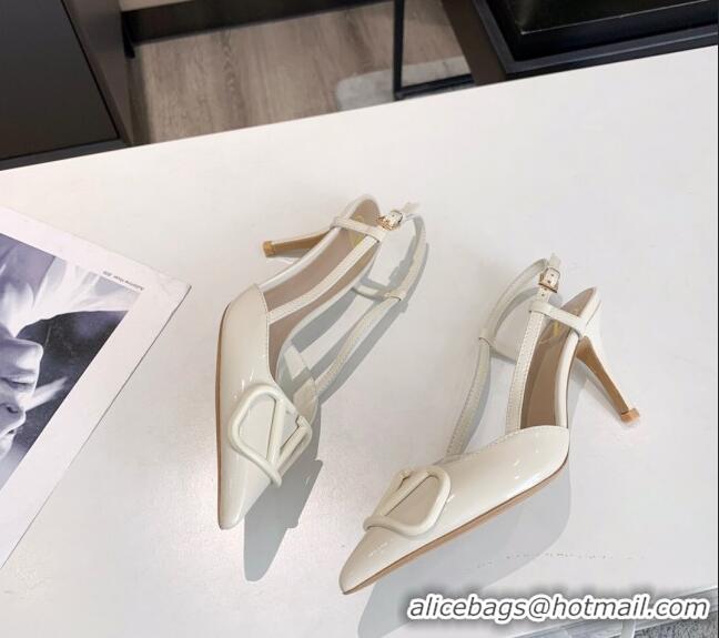 Grade Design Valentino VLogo One-Tone Patent Leather Slingback Sandals 80mm 111022 White