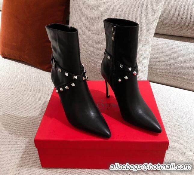 Top Quality Valentino Rockstud Strap Heel Short Boots 20502 Black/Silver