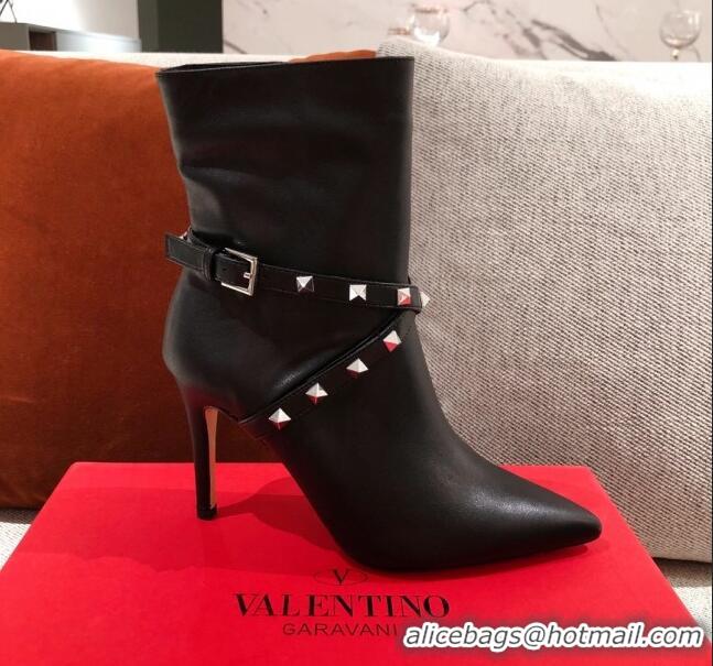 Top Quality Valentino Rockstud Strap Heel Short Boots 20502 Black/Silver