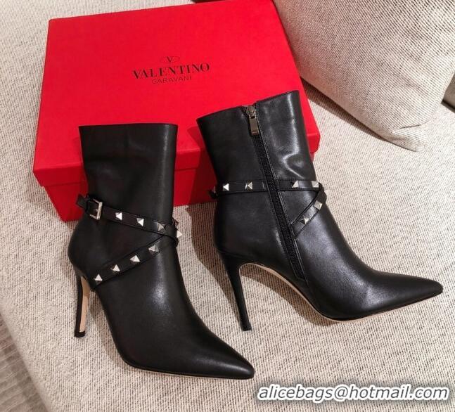 Top Quality Valentino Rockstud Strap Heel Short Boots 20502 Black/Silver