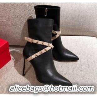 Stylish Valentino Rockstud Strap Heel Short Boots 20502 Black/Nude