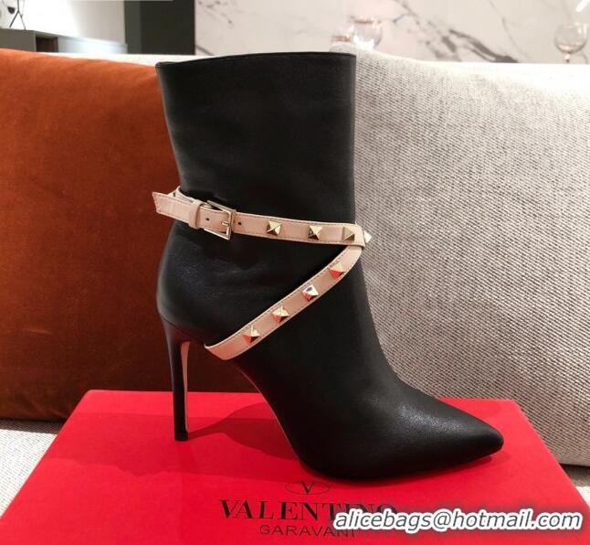 Stylish Valentino Rockstud Strap Heel Short Boots 20502 Black/Nude