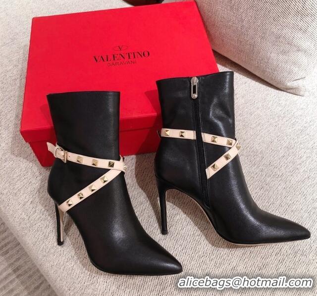 Stylish Valentino Rockstud Strap Heel Short Boots 20502 Black/Nude