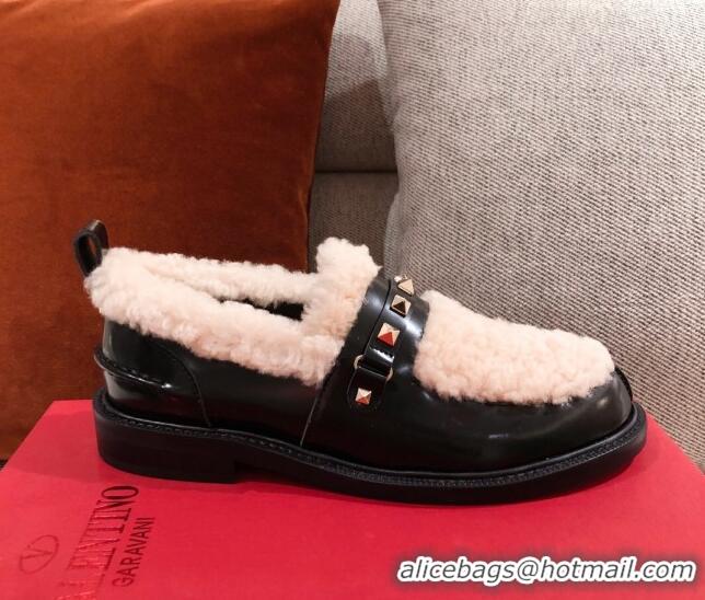 Duplicate Valentino Rockstud Wool Leather Loafers 120504 Black/White