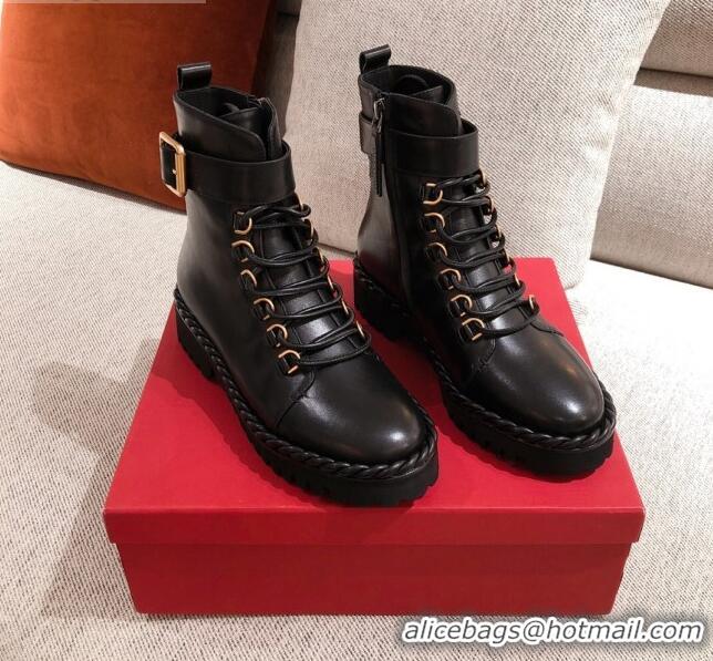 Good Quality Valentino The Rope Calfskin Combat Short Boots Black/Gold 120505