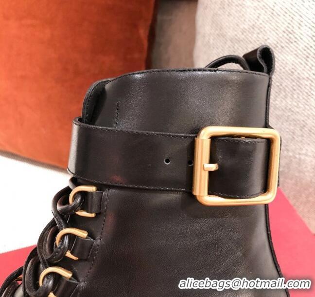 Good Quality Valentino The Rope Calfskin Combat Short Boots Black/Gold 120505